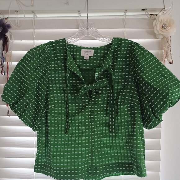Kate Spade x Target Green Puff Sleeve Bow Front Blouse Women’s Size Small Cotton - Picture 4 of 5